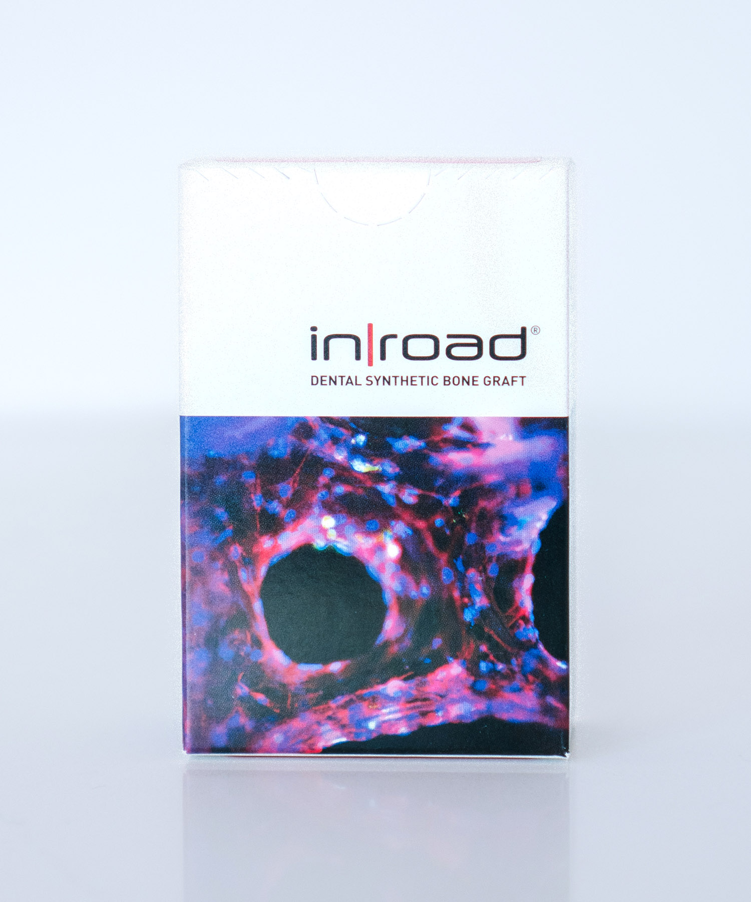 A box of inroad Dental Synthetic Bone Graft material, used in biological dentistry to support complete jawbone healing and treat cavitations.