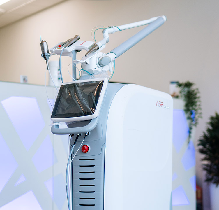 A sleek, upright white and gray Fotona dental laser system standing on wheels in a modern clinic.