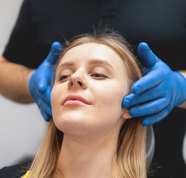 Dr. Pascal wearing blue gloves gently palpates a female patient's jaw muscles and temporomandibular joint (TMJ) during a functional bite evaluation.